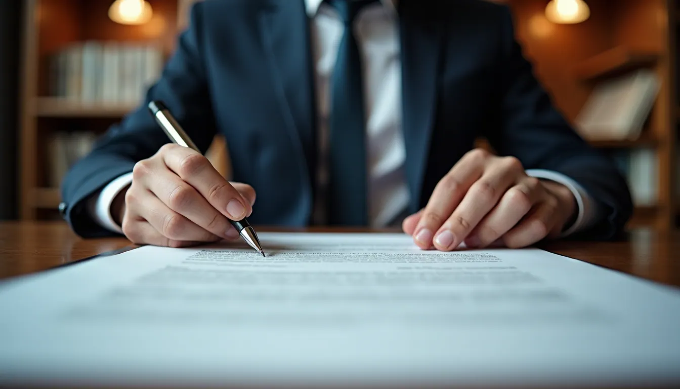 Eye-level view of a lawyer examining a contract