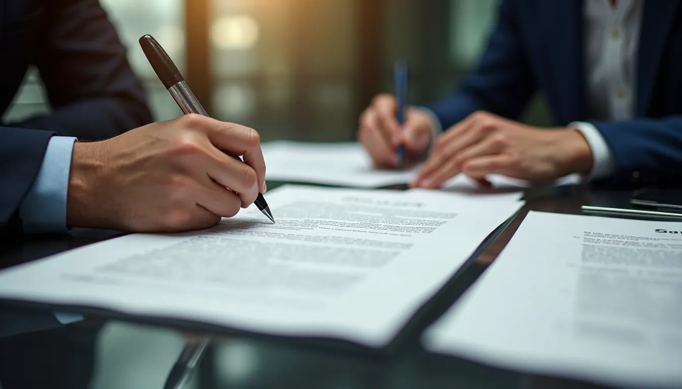High angle view of a negotiation table with contracts and documents