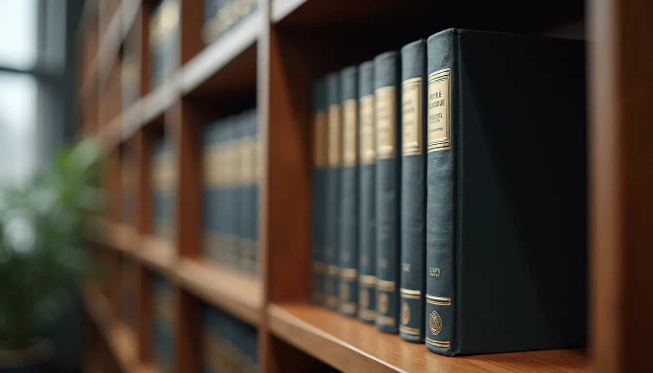 Close-up view of legal books on a shelf in a law office